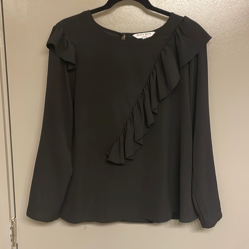 Brave Soul London Asymmetrical Ruffle Long Sleeve Black Blouse Size Medium